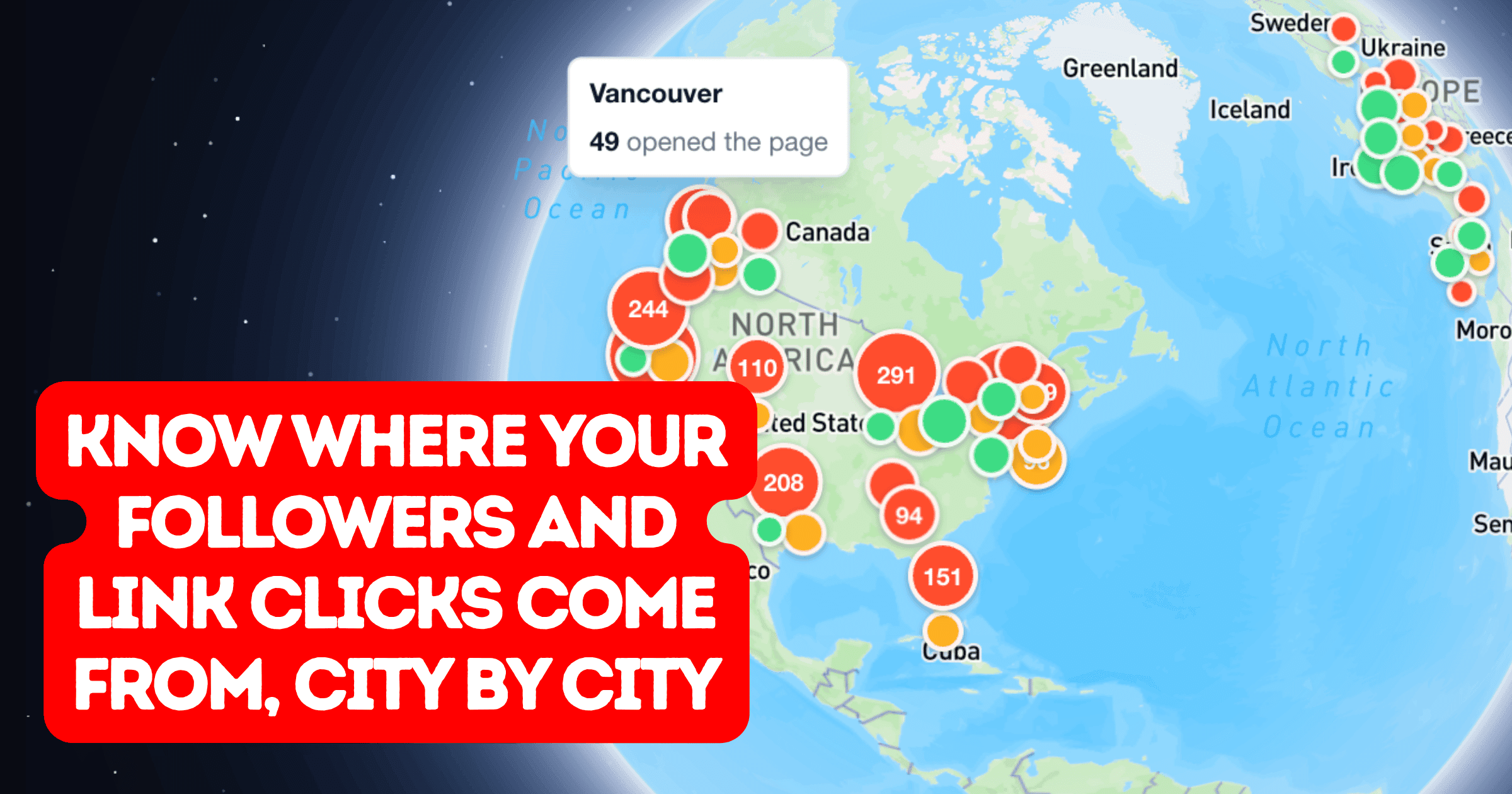 A globe with a community's members marked on it, city by city: 2,671 people across 28 places in North America and Europe.
